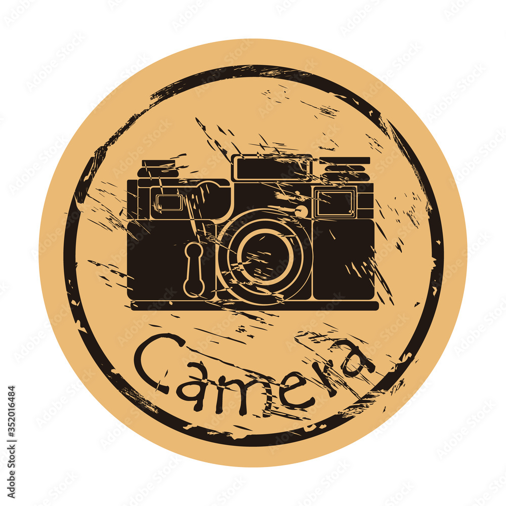 Photo camera silhouette icon vector round shabby emblem design, old retro style. Old camera logo mail stamp on craft paper. Film camera shape vintage grunge sign. Icon for web design. Flat design.