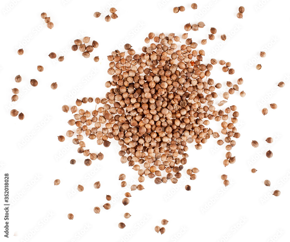 Coriander seeds isolated on a white background. Top view. Coriander seeds isolated on a white background. Top view.