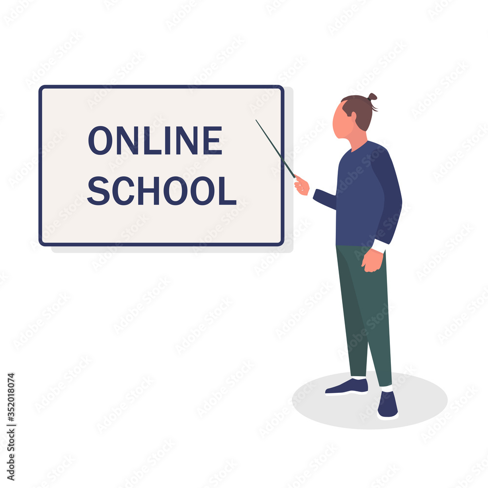 Vector cartoon character of a man standing at the blackboard with a pointer in his hand. Online School is written on the blackboard. Flat style banner for online school design, educational concepts. Vector cartoon character of a man standing at the blackboard with a pointer in his hand. Online School is written on the blackboard. Flat style banner for online school design, educational concepts.