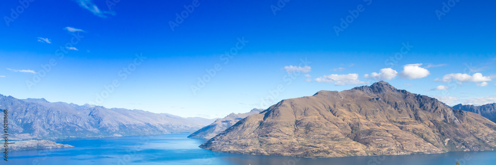 Queenstown in New Zealand. The city of adventure and nature. Web banner