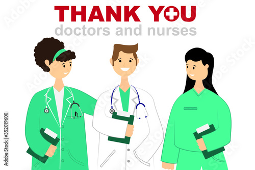 Thank you doctors and nurses for the fight against covid-19 coronavirus infection. Vector illustration of resuscitator, therapist, ambulance in mask. Drawing for banner or cover.