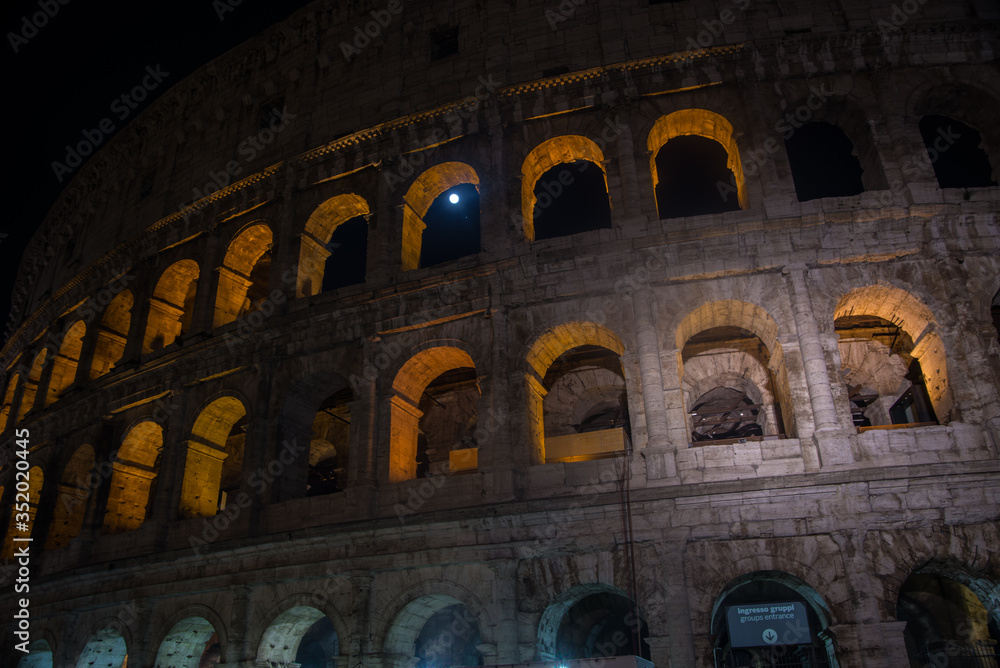 Detail of the Colosseum in Rome, night photo