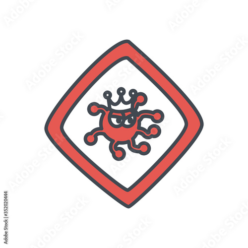 Covid 19 virus cartoon with crown inside warning banner flat style icon vector design