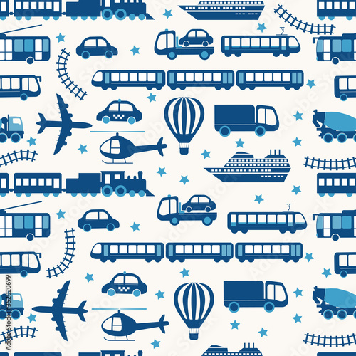 Seamless flat cartoon vector pattern with transport