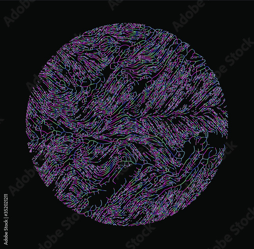 Generative Art with Visualization of Random Perlin Noise. Conceptual image of high tech systems: Artificial Intelligence, Deep Learning, Neural networks and Internet Map.