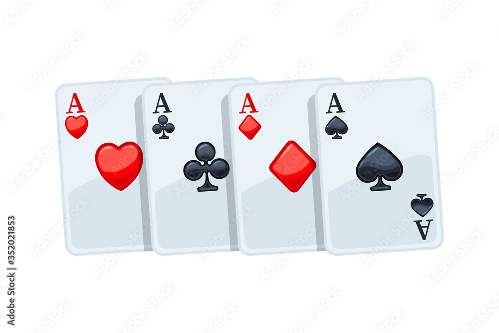 A winning poker hand of four aces playing cards. Winning poker hand. Isolated vector illustration on white background.  