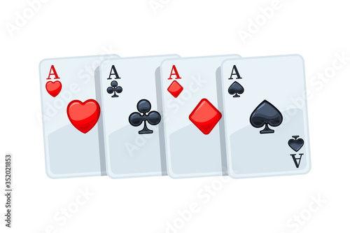 A winning poker hand of four aces playing cards. Winning poker hand. Isolated vector illustration on white background.  