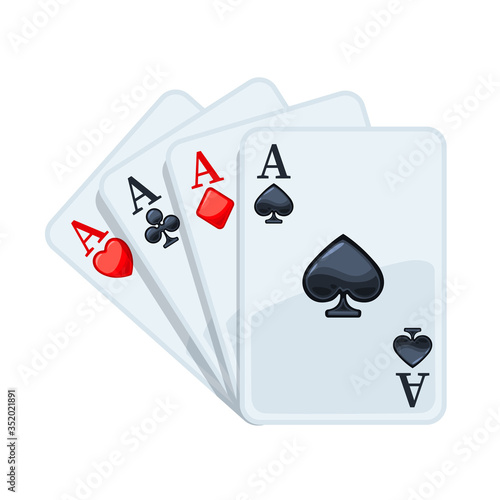 Four aces playing cards suits. Winning poker hand. Isolated vector illustration on white background.  