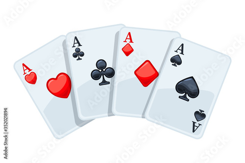 Four aces playing cards. Winning poker hand. Isolated vector illustration on white background.  