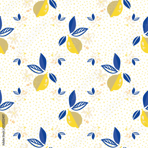 Vector citrus lemon pattern mediterranean modern summer repeating design. Hand drawn textured citrus fruit pattern with leaf and blossom on dotted background. Classy summer backdrop.