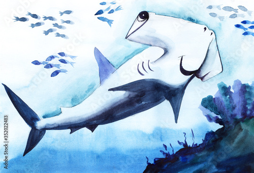 Watercolor sketch of hammerhead shark. Cartoonish friendly shark and flocks of small fish swimming in pure blue water with dark blurry outlines of seaweed. Hand drawn illustration of sea life