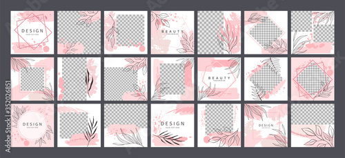 Big set of editable layout templates for social media posts, mobile apps, banner or flyer design. Post photo frame templates with pastel pink brush strokes and hand drawn leaves
