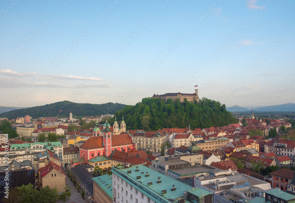 View of the medieval Ljubljana Castle in the old town, famous tourist destination in Ljubljana, Slovenia.