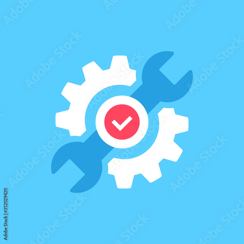 Repair icon. Wrench, cogwheel and check mark icon. Spanner, cog, gear and checkmark symbol. Maintenance, technical support, fixing, technical solution concepts. Flat design. Vector illustration