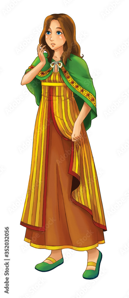 Cartoon girl princess undercover in old clothes on white background- illustration