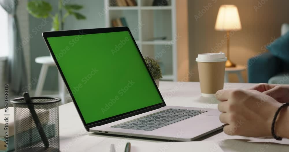 Hands of man at chroma key green screen laptop computer gesturing during an online video conferene with employees or customer - distant work, technology concept 4k template Hands of man at chroma key green screen laptop computer gesturing during an online video conferene with employees or customer - distant work, technology concept 4k template
