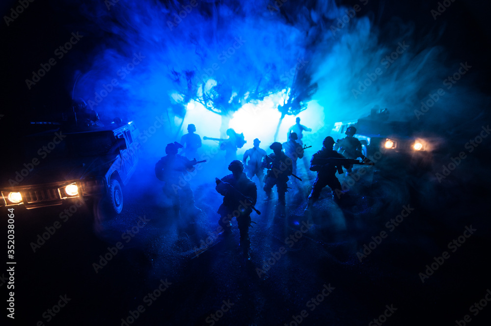 War Concept. Battle scene on war fog sky background, Fighting silhouettes Below Cloudy Skyline at night. War Concept. Battle scene on war fog sky background, Fighting silhouettes Below Cloudy Skyline at night.