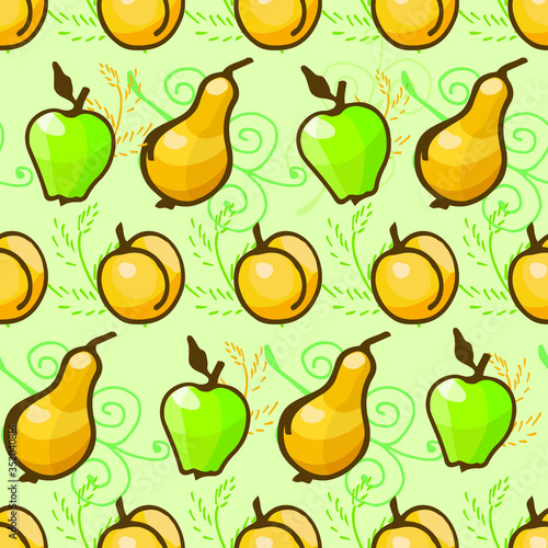  vector pattern seamless background of pears, peaches and apples on color background, isolated images, Doodle, hand drawing
