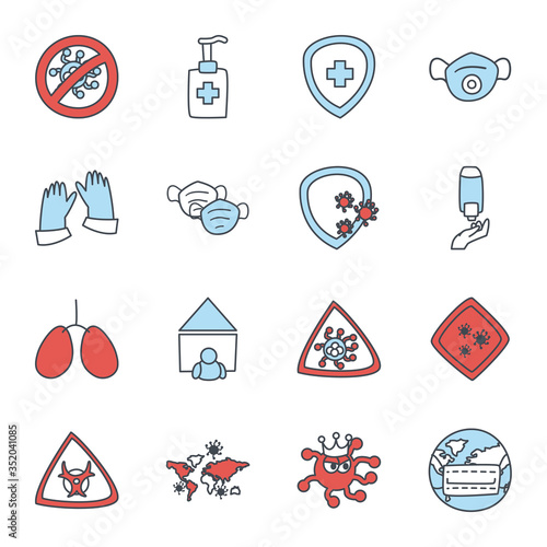 Medical care and covid 19 virus flat style icon set vector design