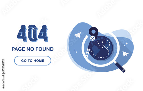 404 error page not found. Go home banner. System error, broken page. For website. Planet earth under a magnifying glass. Geolocation tag. Way. Paper airplanes. Problem Report. Blue and White. Eps 10