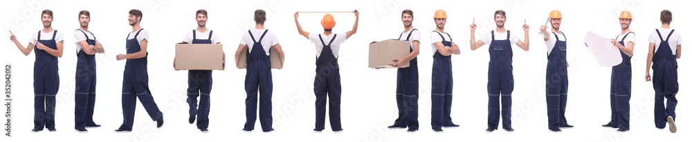 panoramic collage of skilled handyman isolated on white panoramic collage of skilled handyman isolated on white