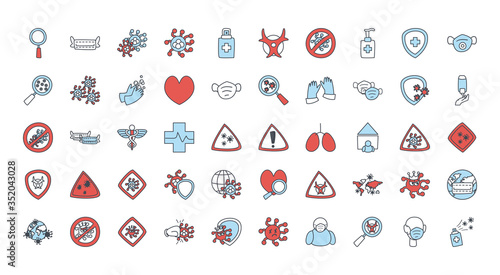 Medical care and covid 19 virus flat style icon set vector design
