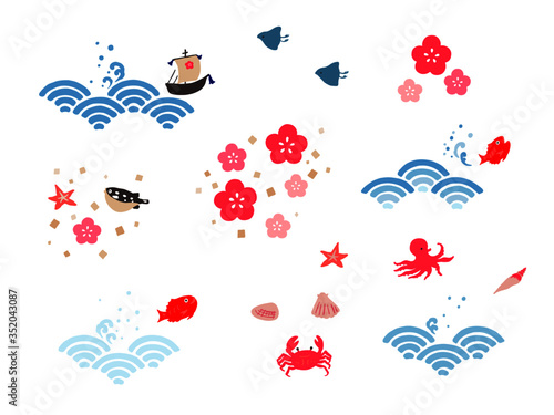 和柄　手描き　海のモチーフ