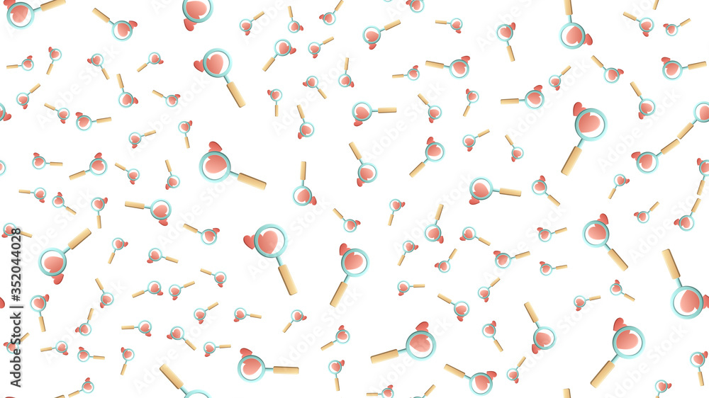 Endless seamless pattern of beautiful festive love joyful tender hearts with magnifying glasses for searching on a white background. Vector illustration