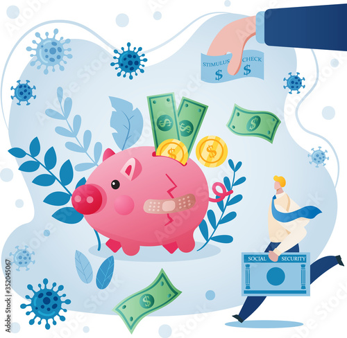 Illustration of Government hand out stimulus check money to American who has SSN, the broken piggy bank saving is slightly healed. Concept of economic stimulus in COVID-19 Coronavirus outbreak crisis.