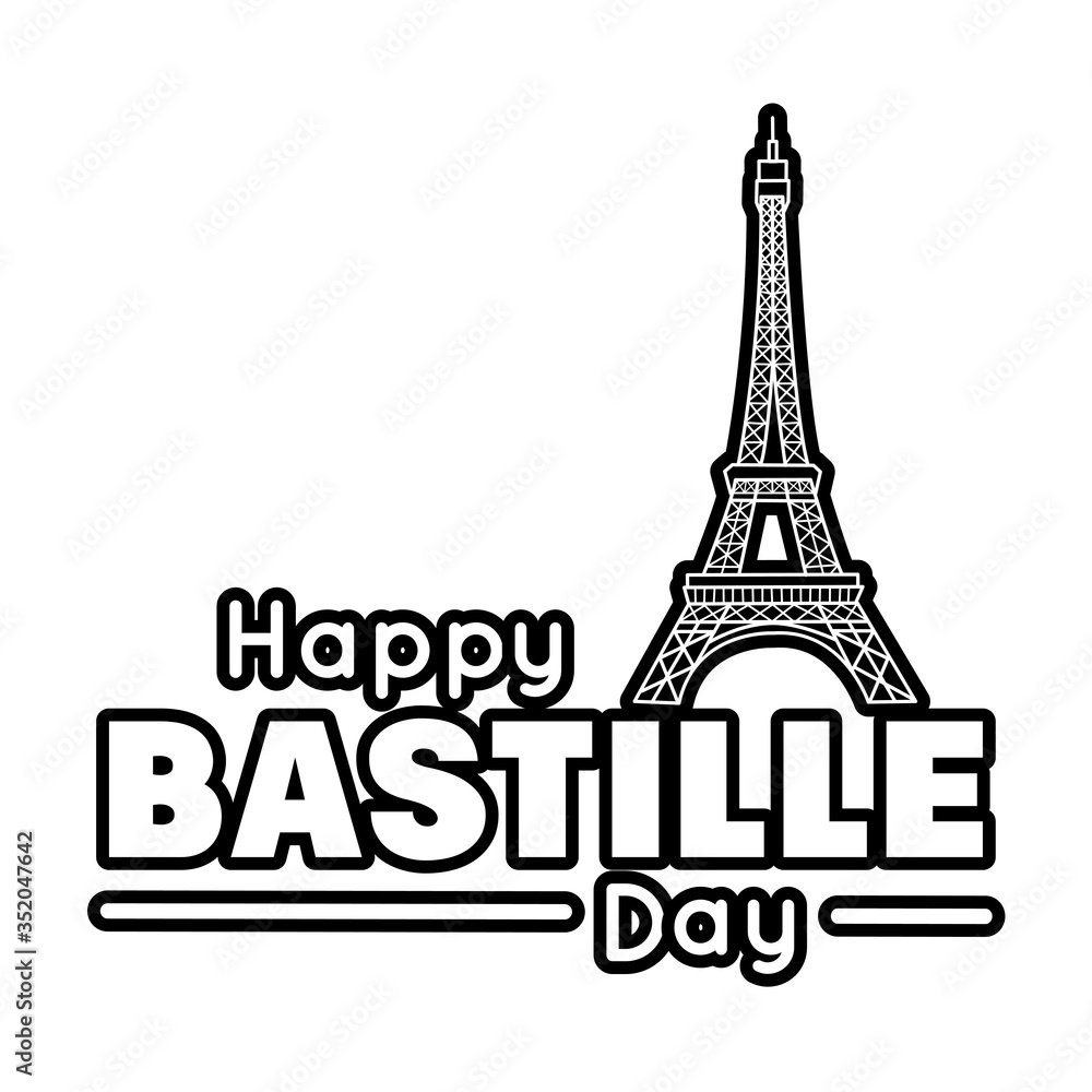 bastille day lettering with eiffel tower line style