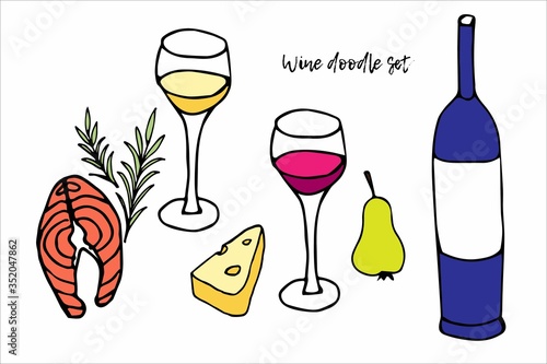 Vector illustration of two wine glasses, bottle, cheese, salmon, pear. Doodle set. Hand drawn cartoon Isolated. Tasty alcoholic Party. For bar logo template, menu design, kitchen decor
