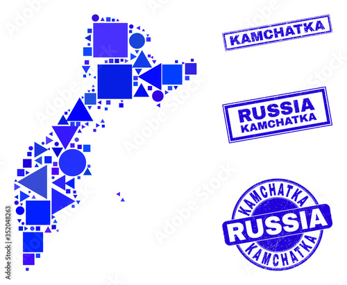Vector mosaic Kamchatka map. Geographic collage in blue color hues, and unclean round and rectangle stamps. Abstract mosaic of Kamchatka map done of round, tringle, square geometric items.