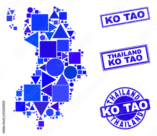 Vector mosaic Ko Tao map. Geographic collage in blue color tints, and unclean round and rectangle seal stamps. Abstract collage of Ko Tao map organized of spheric, triangles, square geometric items.