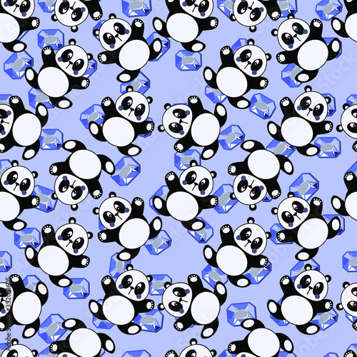 Cute Pandas And Blue Cristal Art Kids Pattern Seamless