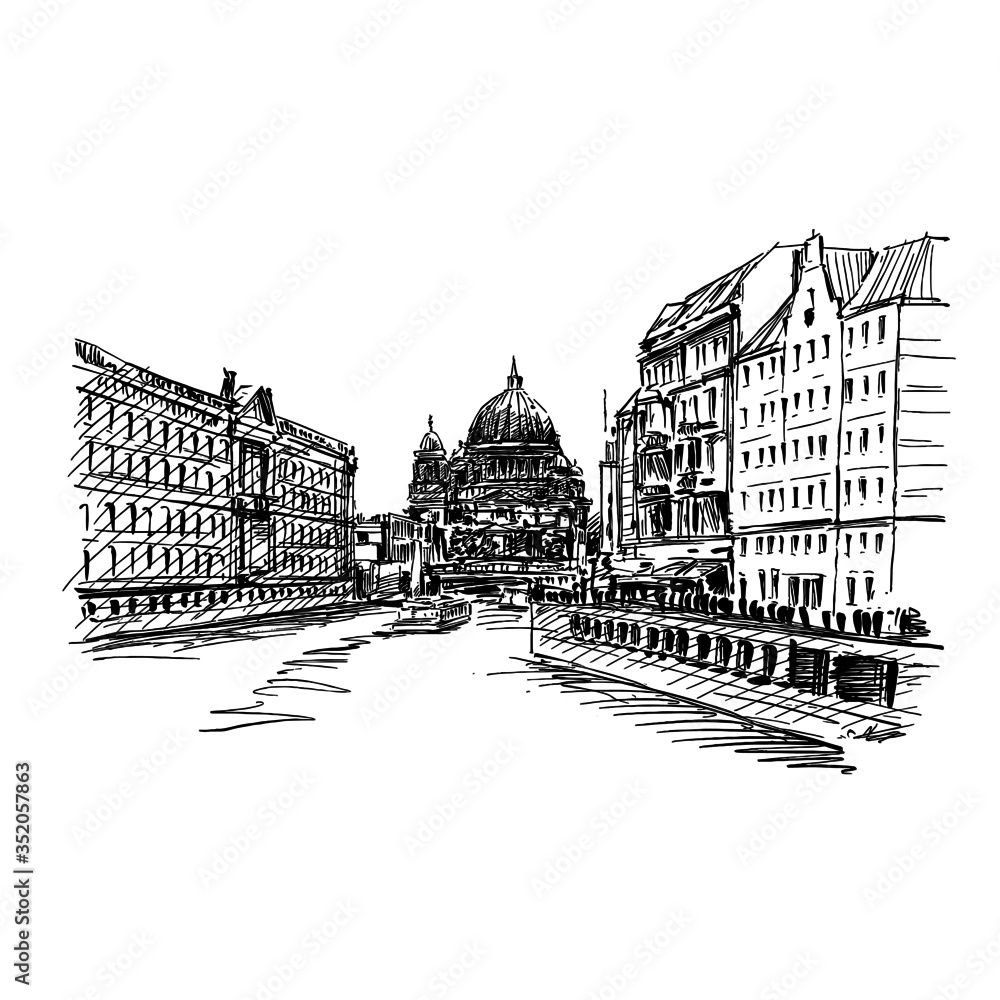 Obraz premium Drawing of Berlin church along river