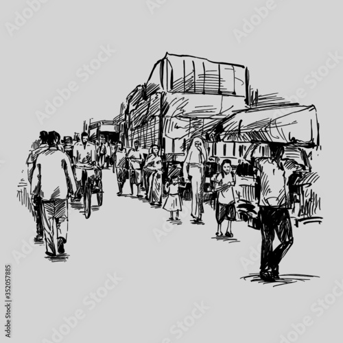 Drawing of people are walking on street in India 
