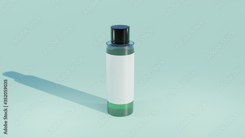 3D rendering transparent bottle tube with black cap, white wrap, and green liquid inside. Suitable for cosmetic and cleanser mock up. 3D rendering transparent bottle tube with black cap, white wrap, and green liquid inside. Suitable for cosmetic and cleanser mock up.