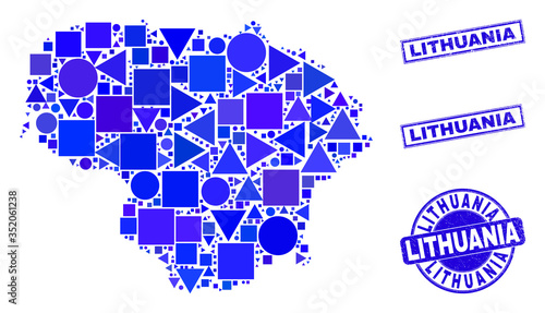 Vector mosaic Lithuania map. Geographic collage in blue color hues  and dirty round and rectangle seal stamps. Abstract mosaic of Lithuania map made of round  tringle  square geometric spots.