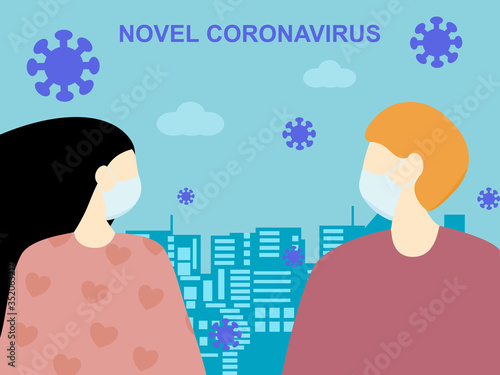 Man and women wearing face mask to protection from coronavirus or covid-19, text novel coronavirus, outbreak pandemic virus 2019 in the city town, flat design cartoon character people wear face mask