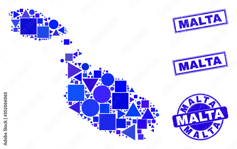 Vector mosaic Malta map. Geographic plan in blue color shades, and corroded round and rectangle stamps. Abstract mosaic of Malta map composed of round, triangles, square geometric items. Vector mosaic Malta map. Geographic plan in blue color shades, and corroded round and rectangle stamps. Abstract mosaic of Malta map composed of round, triangles, square geometric items.