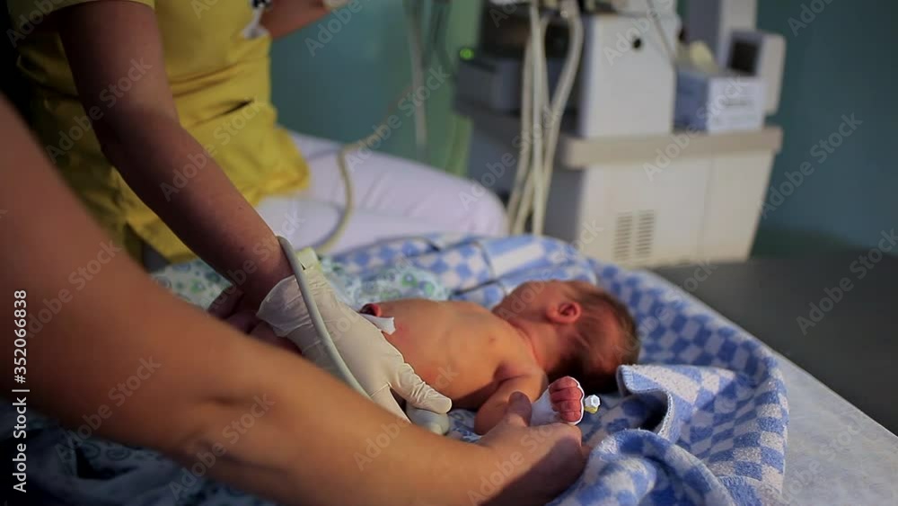 Ultrasound examination of a newborn child. A doctor examines a newborn baby. Ultrasound examination of a newborn child. A doctor examines a newborn baby.