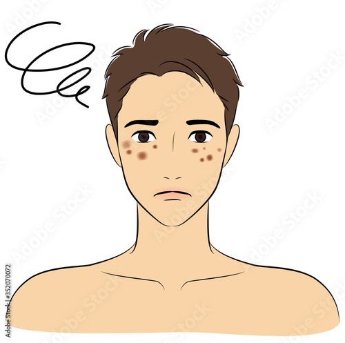 Man Confused about the spots on his Face. Skin Care. Vector illustration