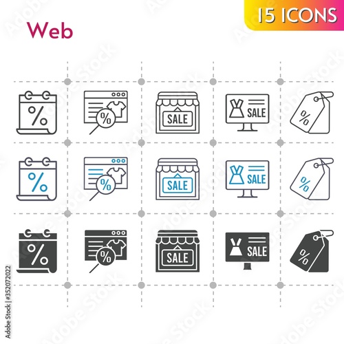web icon set. included calendar, online shop, shop, price tag icons on white background. linear, bicolor, filled styles.