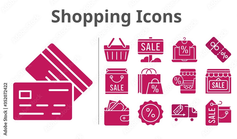 shopping icons set. included shopping bag, online shop, sale, shop, wallet, discount, shopping-basket, delivery truck, credit card icons. filled styles. shopping icons set. included shopping bag, online shop, sale, shop, wallet, discount, shopping-basket, delivery truck, credit card icons. filled styles.