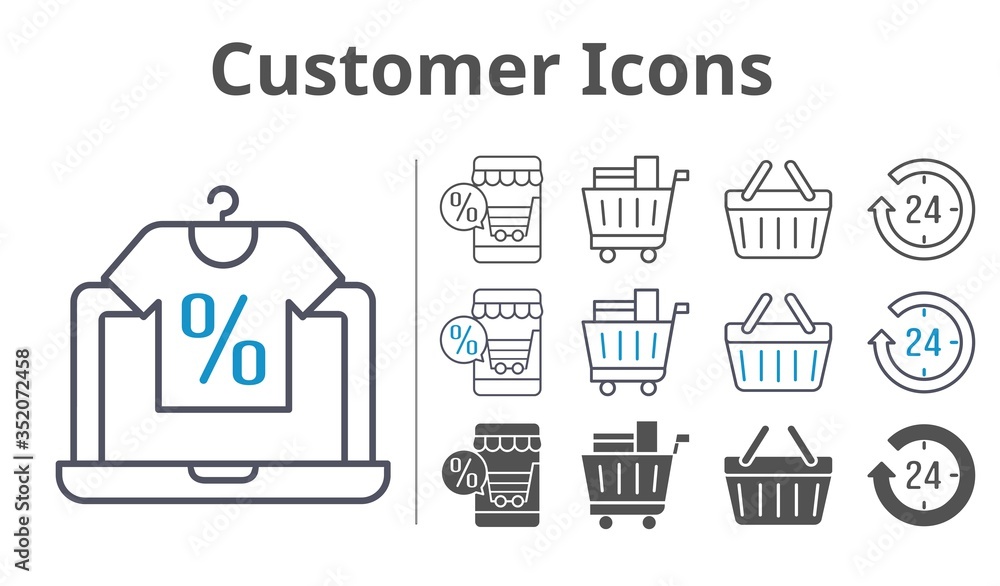 customer icons icon set included online shop, 24-hours, shopping cart, shopping-basket, shopping basket icons