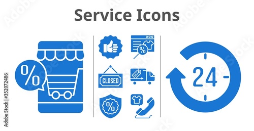 service icons set. included online shop, 24-hours, like, closed, warranty, phone call, delivery truck icons. filled styles.