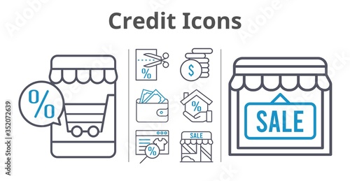 credit icons set. included online shop, wallet, mortgage, shop, money, voucher icons. bicolor styles.