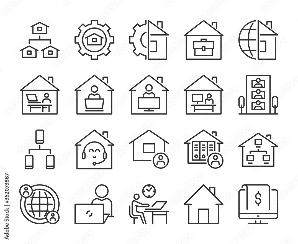 Work at Home icons. Work from Home line icon set. Vector illustration. Editable stroke. Work at Home icons. Work from Home line icon set. Vector illustration. Editable stroke.
