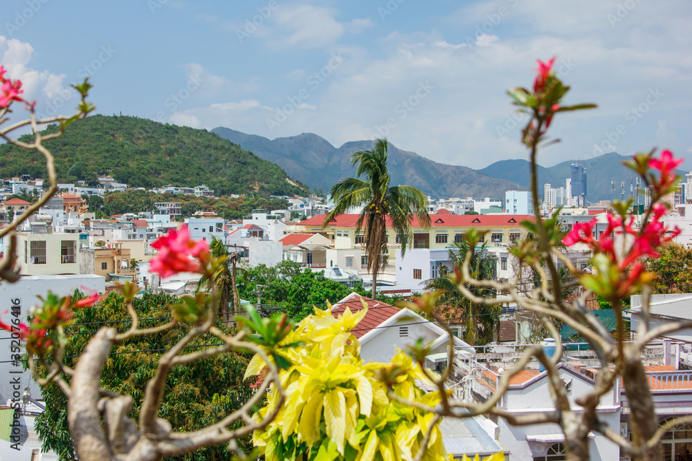 View of Nha Trang city from Po Nagar Towers through flowers. Asia's growing city under construction. panorama of Vietnam