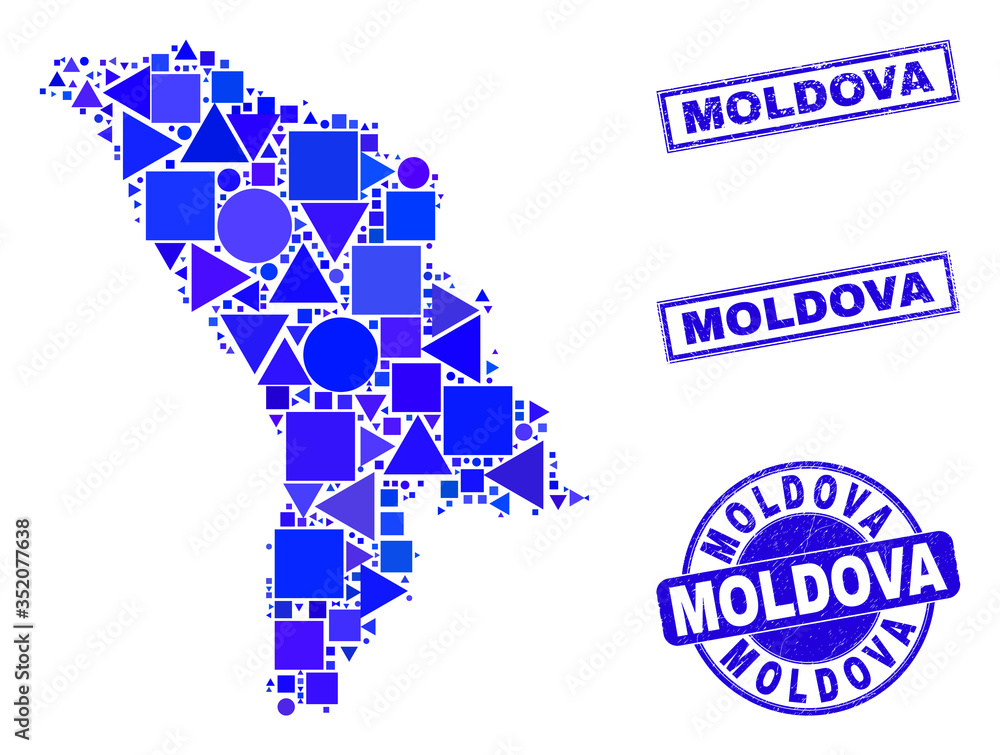 Vector mosaic Moldova map. Geographic collage in blue color hues, and unclean round and rectangle seals. Abstract collage of Moldova map organized of round, tringle, square geometric spots.